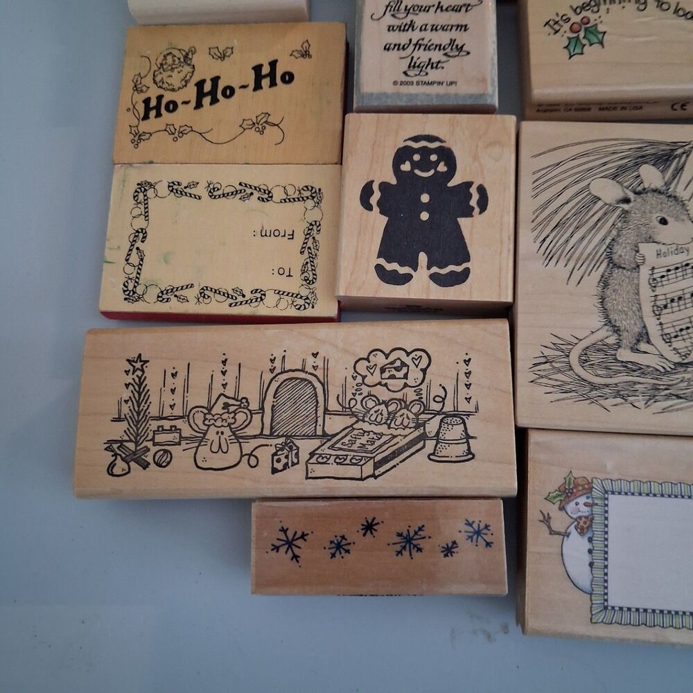 20 Vintage Christmas Wood Rubber Stamp Lot Stampin Up House Mouse Snowman - Picture 8 of 11